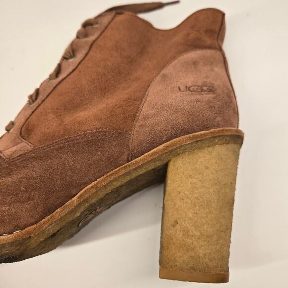 UGG 3213 Sofia Lace-up Cinnamon Brown Suede Sheepskin Chunky Heeled Boot Sz 9 - Picture 2 of 13